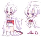  2-g ahoge breasts fundoshi geta horns japanese_clothes kimono leg_warmers mole mole_under_eye multiple_views obi oekaki original pointy_ears purple_eyes sash short_kimono small_breasts white_hair 