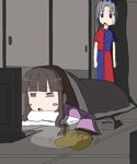  =_= artist_request bag_of_chips bangs black_hair blue_dress blue_eyes blue_hat blunt_bangs blush_stickers braid computer dress eyebrows_visible_through_hair futon grey_hair hat houraisan_kaguya keyboard_(computer) long_hair lying monitor multicolored multicolored_clothes multicolored_dress multiple_girls neet nurse_cap red_dress single_braid sweatdrop television tissue_box touhou yagokoro_eirin 