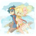  1girl back-to-back couple hair_ribbon happy hetero holding_hands long_hair lowres nia_teppelin ribbon simon tengen_toppa_gurren_lagann yukke 