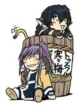  animal_ears barrel chibi head_wings karura_(utawareru_mono) kurotani_kyoukutsu lowres multiple_girls ponytail purple_hair sake_barrel tail touka_(utawareru_mono) translated utawareru_mono 