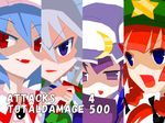  blue_eyes blue_hair braid column_lineup crescent cut-in disgaea disgaea_team_attack face fang frown hat highres hong_meiling izayoi_sakuya ke-su knife multiple_girls no_nose open_mouth parody patchouli_knowledge purple_eyes purple_hair red_eyes red_hair remilia_scarlet silver_hair slit_pupils smirk star touhou twin_braids 