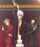  2boys 3u alcohol androgynous champagne decantering formal gintama kagura_(gintama) lowres multiple_boys necktie pouring reverse_trap sakata_gintoki shimura_shinpachi suit 