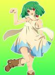  bare_shoulders boots dancing dress green_hair kayou_(kayou-bi) macross macross_frontier nyan-nyan_dance open_mouth ranka_lee red_eyes scarf simple_background smile solo sundress 