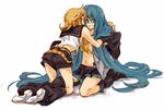  akutsu_(yuumi) alternate_hairstyle aqua_eyes aqua_hair aqua_nails ass bare_shoulders belt black_footwear black_skirt blue_hair boots breasts closed_eyes collarbone cravat detached_sleeves full_body grey_shirt hair_down hair_ornament hairclip hand_on_another's_back hatsune_miku holding_hands hug interlocked_fingers kagamine_rin knee_boots kneeling kneepits leg_warmers long_hair long_sleeves looking_at_viewer looking_back miniskirt multiple_girls nail_polish navel no_bra no_headwear open_clothes open_shirt school_uniform serafuku shirt shoes short_sleeves simple_background skirt sleeveless sleeveless_shirt small_breasts smile underboob very_long_hair vocaloid white_background white_footwear white_shirt yuri 