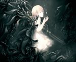  :o archlich blonde_hair brown_eyes chise_(saishuu_heiki_kanojo) dress gatling_gun glowing gun hair_ornament hairclip looking_at_viewer machinery monster outdoors parody saishuu_heiki_kanojo short_hair solo weapon white_dress 