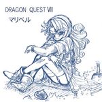  aruni blue dragon_quest dragon_quest_vii long_hair lowres maribel_(dq7) monochrome panties pantyshot sitting solo thighhighs underwear 