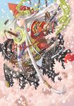  cherry_blossoms fantasy japanese_clothes long_hair original petals red_eyes sky solo sword weapon white_hair yuu_(yuyukaikan) 