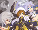  ahoge blue_eyes book book_of_the_azure_sky brown_hair facial_mark hair_ornament hairclip hat lyrical_nanoha magical_girl mahou_shoujo_lyrical_nanoha mahou_shoujo_lyrical_nanoha_strikers multiple_girls red_eyes reinforce reinforce_zwei schwertkreuz silver_hair staff time_paradox wings x_hair_ornament yagami_hayate yude 