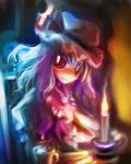  candle chair collar fire flame frills hat long_hair long_sleeves looking_at_viewer mob_cap purple_hair red_eyes remilia_scarlet solo table tanaka_ken'ichi touhou upper_body very_long_hair wax 