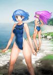  ass back beach blue_hair cliff competition_swimsuit copyright_request day garex goggles goggles_around_neck green_eyes legs long_hair looking_back multiple_girls ocean one-piece_swimsuit pink_hair sandals shadow short_hair swimsuit 