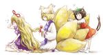  animal_ears blonde_hair braid brown_hair cat_ears cat_tail chen closed_eyes fox_tail hairdressing hat hug long_hair long_sleeves multiple_girls multiple_tails pillow_hat short_hair sleepy tail tail_hug tassel touhou wide_sleeves yakumo_ran yakumo_yukari 