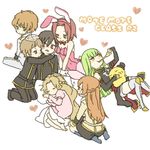  4girls animal_ears ashford_academy_uniform barefoot bunny_ears bunny_girl bunnysuit c.c. chibi code_geass eating food green_hair harem heart holding_pizza hug kallen_stadtfeld knights_of_the_round_uniform kururugi_suzaku lap_pillow lelouch_lamperouge leotard lowres lying multiple_boys multiple_girls nunnally_lamperouge pantyhose pillow pink_leotard pizza red_hair rolo_lamperouge shirley_fenette short_hair sleeping socks yukke 