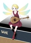  amplifier bad_id bad_pixiv_id blonde_hair blue_eyes boots braid copyright_request dress fairy guitar instrument lute_(instrument) minigirl pointy_ears short_hair sitting smile solo tamaoki_benkyou wings 