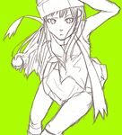  artist_request beanie green_background hat hikari_(pokemon) holding holding_poke_ball long_hair monochrome poke_ball pokemon scarf simple_background skirt solo 