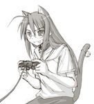  ahoge animal_ears bell cat_ears controller game_console game_controller gamepad glasses hasegawa_chisame kasuga_yukihito mahou_sensei_negima! monochrome playing_games playstation sketch solo spot_color tail tail_bell video_game 