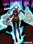  aura bare_shoulders black_legwear long_hair military military_uniform pantyhose red_eyes selvaria_bles senjou_no_valkyria senjou_no_valkyria_1 silver_hair solo uniform yuuki_keisuke 