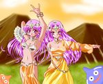  \m/ armlet armor arms_up asymmetrical_clothes bangs bare_shoulders belt bikini_armor bikini_top blue_skin blush bracelet breasts circlet cleavage cloud dancer dancing dark_skin dragon_quest dragon_quest_iv dress earrings eyelashes fan fingernails folding_fan gem grass hair_intakes hat holding jewelry light_smile loincloth long_fingernails long_hair looking_at_viewer manya medium_breasts minea monster mountain multiple_girls nail_polish navel neck_ring orange_skin outdoors outstretched_arms parted_bangs peeking pelvic_curtain pink_nails purple_eyes purple_hair shiny shiny_clothes shiny_hair siblings sisters sky slime_(dragon_quest) slime_beth smile sparkle standing sunset very_long_hair yellow_dress yukinyan 