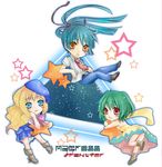  2girls artist_request beret blonde_hair blue_dress blue_eyes chibi dress green_hair hat long_hair looking_at_viewer macross macross_frontier multiple_girls ponytail ranka_lee red_eyes saotome_alto sheryl_nome short_hair star very_long_hair yellow_dress 