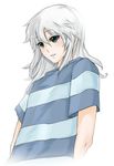  akishima_kei bakura_ryou blue_eyes male_focus shirt solo striped white_hair yuu-gi-ou yuu-gi-ou_duel_monsters 