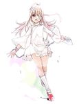  aka_ume bandages bangs blonde_hair blunt_bangs bracelet dress full_body hair_over_one_eye jewelry legs long_hair long_sleeves looking_at_viewer original outstretched_arms shoes simple_background socks solo very_long_hair white_background white_dress white_legwear 