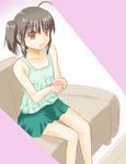  ahoge brown_eyes camisole couch cup dune_(artist) flat_chest grey_hair holding short_hair short_twintails sitting skirt solo thigh_gap to_heart_2 twintails yuzuhara_konomi 