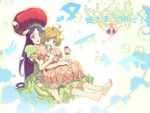  2girls bad_id bad_pixiv_id barefoot black_hair blonde_hair blue_eyes bubble bubble_blowing copyright_request dress feet hat hug long_hair multiple_girls short_hair sitting sitting_on_lap sitting_on_person 