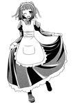  ;o apron blush copyright_request dress full_body greyscale juliet_sleeves long_sleeves looking_at_viewer maid monochrome nigo_(aozoragarou) one_eye_closed open_mouth puffy_sleeves running short_hair simple_background solo white_background 