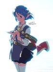  bad_id bad_pixiv_id belt blue_eyes blue_hair cape hair_ornament hairclip jewelry moon necklace pendant pointy_ears red_cape rena_lanford shiwasu_takashi short_hair solo star_ocean star_ocean_the_second_story thighhighs 
