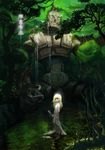  barefoot blonde_hair forest golem light mugon nature original scenery solo statue sword tree water weapon wet 