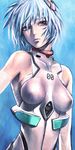  ayanami_rei bandages bare_shoulders blue_hair bodysuit breasts iwai_ryou medium_breasts neon_genesis_evangelion plugsuit red_eyes sarashi short_hair solo white_bodysuit 