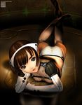  3d brown_eyes brown_hair feet fingerless_gloves gloves hairband highres lips lipstick lying makeup original panties short_hair smile solo thighhighs underwear yasumori_zen 