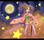  bad_id bad_pixiv_id brown_hair happy inase japanese_clothes katana kimono long_hair moon pink_kimono pixiv_fantasia pixiv_fantasia_1 red_eyes solo star striped striped_legwear sword thighhighs twintails weapon yukata 