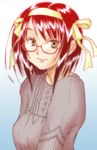  bespectacled blush brown_hair closed_mouth glasses hair_ribbon hairband long_sleeves looking_at_viewer p.i.l. red-framed_eyewear red_hair ribbon semi-rimless_eyewear short_hair smile solo suzumiya_haruhi suzumiya_haruhi_no_yuuutsu sweater under-rim_eyewear unmoving_pattern upper_body yellow_ribbon 