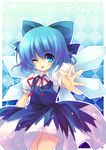  :p cirno foreshortening hands one_eye_closed shinia solo tongue tongue_out touhou wings 