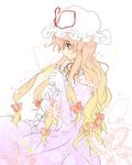  akarino_(yucco) bow dress frills from_side hair_bow hand_up hat hat_ribbon long_sleeves mob_cap multi-tied_hair pink_dress profile red_bow red_ribbon ribbon simple_background solo touhou white_background yakumo_yukari 