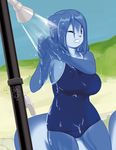  beach big_breasts blue_eyes blue_fur blueberry blueberry_(miu) breasts camel_toe cute erect_nipples female fur grass miu nipples one-piece_swimsuit one_eye_closed outside sand seaside shower sky solo swimsuit water wet 
