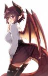  1girl bangs black_legwear blush brown_eyes brown_hair brown_skirt brown_wings curled_horns dragon_girl dragon_horns dragon_tail dragon_wings eyebrows_visible_through_hair granblue_fantasy grea_(shingeki_no_bahamut) grey_background hair_between_eyes horns long_sleeves looking_at_viewer looking_back manaria_friends open_mouth osa_(osaosa) plaid plaid_skirt pleated_skirt pointy_ears shingeki_no_bahamut shirt simple_background skirt solo tail thighhighs white_background white_shirt wings 