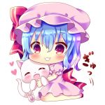  1girl :d ^_^ animal back_bow bangs blue_hair blush bow cat chibi chocolat_(momoiro_piano) closed_eyes commentary_request dress eyebrows_visible_through_hair eyes_closed fang full_body hair_between_eyes hat hat_bow heart long_hair mob_cap open_mouth pink_dress pink_hat puffy_short_sleeves puffy_sleeves red_bow red_eyes red_footwear remilia_scarlet short_sleeves smile solo touhou 