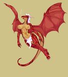  barefoot breasts claws clothed clothing dragon female fydbac hindpaw horn loincloth markings nipples paws plain_background red red_body red_markings scalie skimpy solo toes wings 