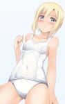  1girl apollo_(hu_maple) blonde_hair blue_eyes blush breasts collarbone covered_navel highres looking_at_viewer navel one-piece_swimsuit original school_swimsuit short_hair shoulder small_breasts solo swimsuit thighs tomboy white_school_swimsuit white_swimsuit 
