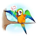  &hearts; ambiguous_gender avian bird blue-gold_macaw cute dialog english_text ghirardelli looking_at_viewer macaw parrot signature solo text tree wings wood 