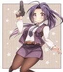  ahoge belt blue_hair blush brown_legwear gun handgun idolmaster idolmaster_(classic) long_hair miura_azusa necktie pantyhose red_eyes skirt smile solo star van-s weapon 