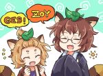  2girls animal_ears brown_hair eyes_closed fang futatsuiwa_mamizou glasses japanese_clothes leaf leaf_on_head light_brown_hair multiple_girls notice_lines open_mouth pote_(ptkan) raccoon_ears raccoon_tail round_eyewear short_hair tail tanuki_extra thick_eyebrows topknot topknot_tanuki touhou upper_body 