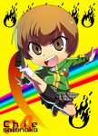  :d bad_id bad_pixiv_id bangs bare_legs bike_shorts brown_eyes brown_hair buttons character_name chibi copyright_name fighting_stance fire full_body jacket jinkai_yamizawa kicking legs looking_at_viewer open_mouth persona persona_4 persona_4:_the_ultimate_in_mayonaka_arena rainbow satonaka_chie shoes short_hair simple_background skirt smile smiley_face socks solo tomboy track_jacket yellow_background 