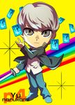  bad_id bad_pixiv_id bangs card chibi expressionless floating_card grey_eyes grey_hair jacket jinkai_yamizawa katana looking_at_viewer loose_clothes loose_shirt male_focus narukami_yuu open_clothes open_jacket pants persona persona_4 persona_4:_the_ultimate_in_mayonaka_arena rainbow school_uniform shirt shoes solo sword weapon 