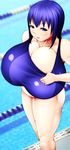  1girl artist_request blue_eyes blue_hair breasts female gff gigantic_breasts highres long_image muchigaku pixiv_manga_sample plump pool qlinicx resized solo swimming_pool swimsuit tall_image 