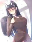  animal animal_on_head backpack bag black_eyes black_hair blush breasts cat cat_on_head grey_eyes large_breasts long_hair looking_at_viewer on_head open_mouth original petals school_uniform skirt solo stuffed_animal stuffed_toy ygo 