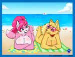  anthro areola beach big_breasts blue_eyes breasts canine cat choker cleavage clothed clothing cute dog duo eye_contact eyewear feline female fur hair lonbluewolf lying mammal nude on_stomach pink pink_fur pink_hair sand seaside sunglasses towel 