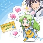  1girl :3 ahoge blush boots chibi forehead_jewel forren furena green_eyes green_hair heart isedaichi_ken knee_boots phantasy_star phantasy_star_iv spoken_heart thought_bubble 