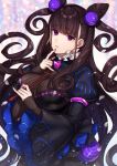  1girl bangs black_dress breasts brown_hair calligraphy_brush commentary_request dress eyebrows_visible_through_hair fate/grand_order fate_(series) fingernails hair_ornament hand_up highres holding holding_paintbrush juliet_sleeves karokuchitose large_breasts long_hair long_sleeves looking_at_viewer murasaki_shikibu_(fate) paintbrush parted_lips puffy_sleeves purple_eyes sleeves_past_wrists solo striped two_side_up vertical-striped_dress vertical_stripes very_long_hair wide_sleeves 